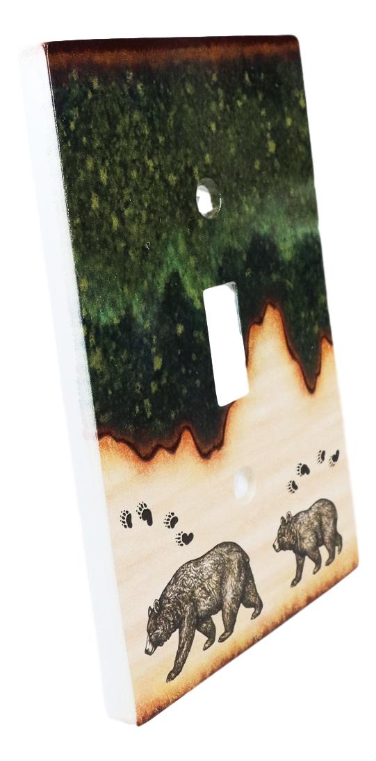 Pack Of 2 Rustic Forest Mama Bear And Cub Single Toggle Switch Wall Outlet Plate