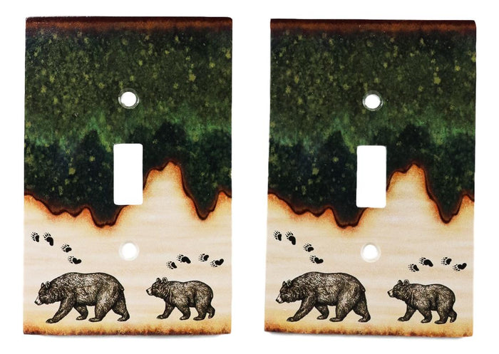 Pack Of 2 Rustic Forest Mama Bear And Cub Single Toggle Switch Wall Outlet Plate