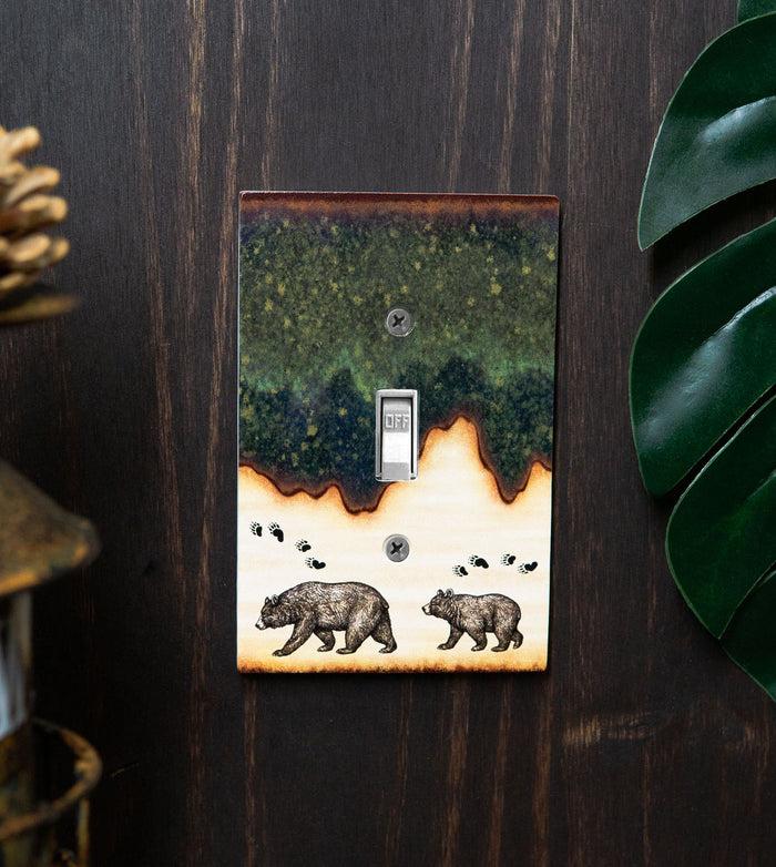 Pack of 2 Rustic Forest Mama Bear And Cub Single Toggle Switch Wall Outlet Plate