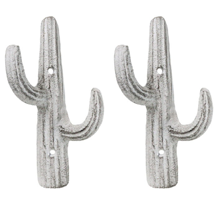Pack of 2 Rustic Western Off White Metal Desert Saguaro Cactus 2-Pegs Wall Hooks