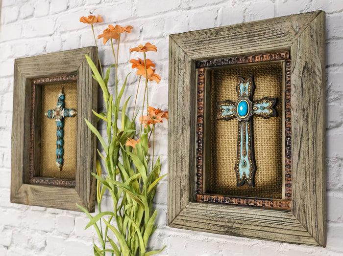 Pack Of 2 Rustic Western Turquoise Gems Cross 3D Art Wood Framed Wall Decors