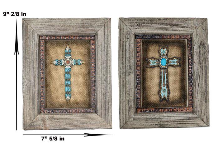 Pack Of 2 Rustic Western Turquoise Gems Cross 3D Art Wood Framed Wall Decors