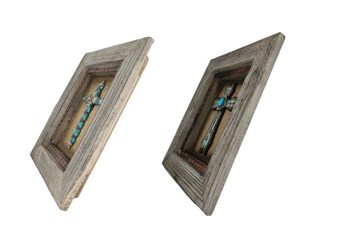 Pack Of 2 Rustic Western Turquoise Gems Cross 3D Art Wood Framed Wall Decors