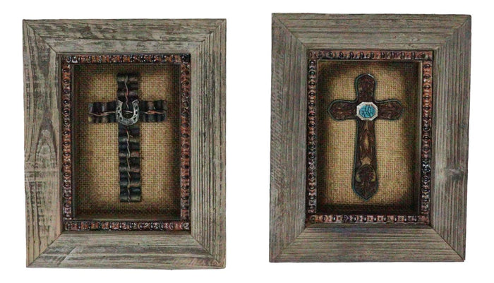 Pack Of 2 Rustic Western Turquoise Gems Horseshoe Cross Wood Framed Wall Decors