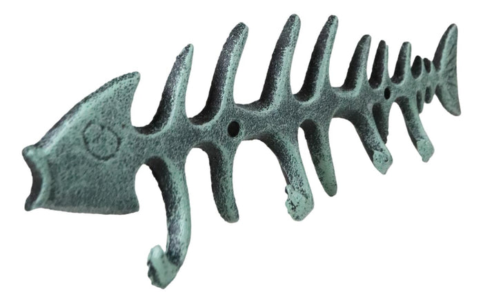 Pack Of 2 Sea Vintage Verdigris Decorative Cast Iron Fish Bone 4 Peg Wall Hooks