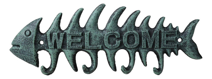 Pack Of 2 Verdigris Cast Iron Fish Bone 4 Peg Wall Hooks Welcome Sign Plaque