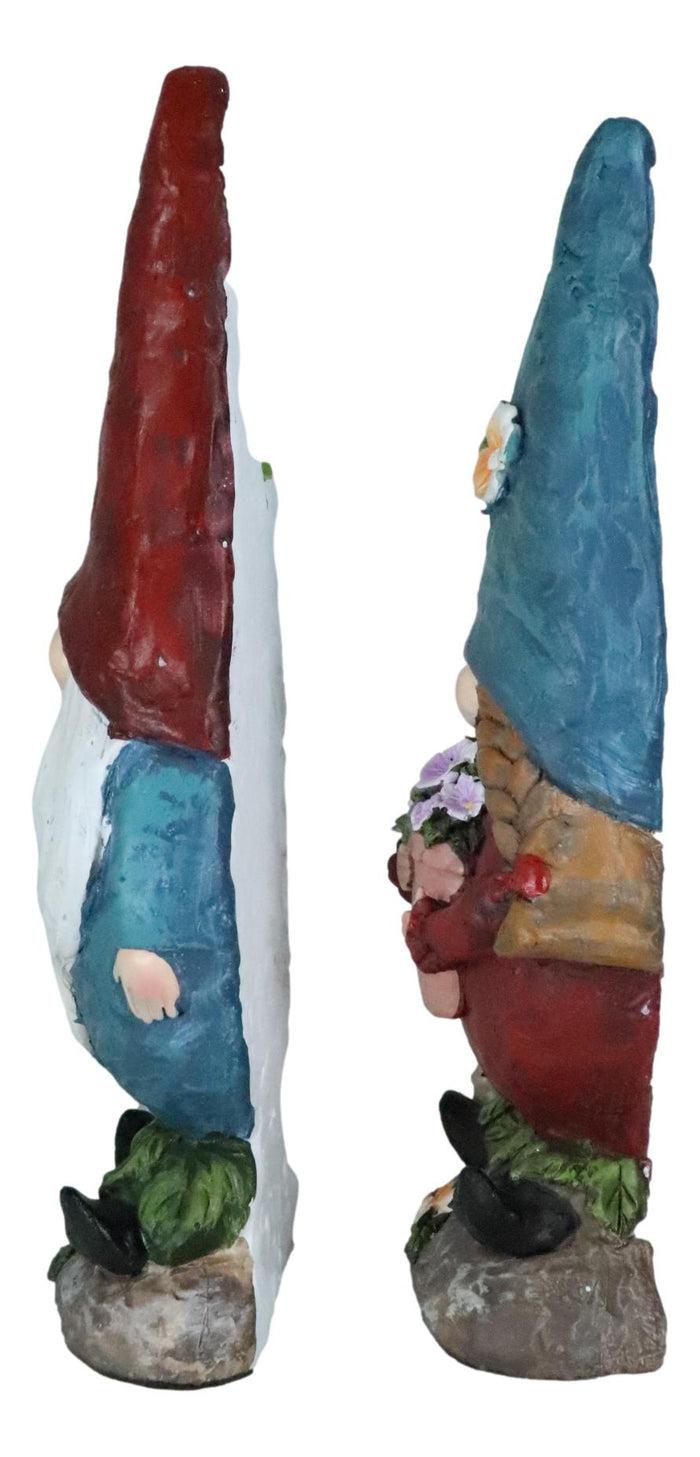 Pack Of 2 Whimsical Garden Mr And Mrs Gnome Couple Holding Flowers Figurines