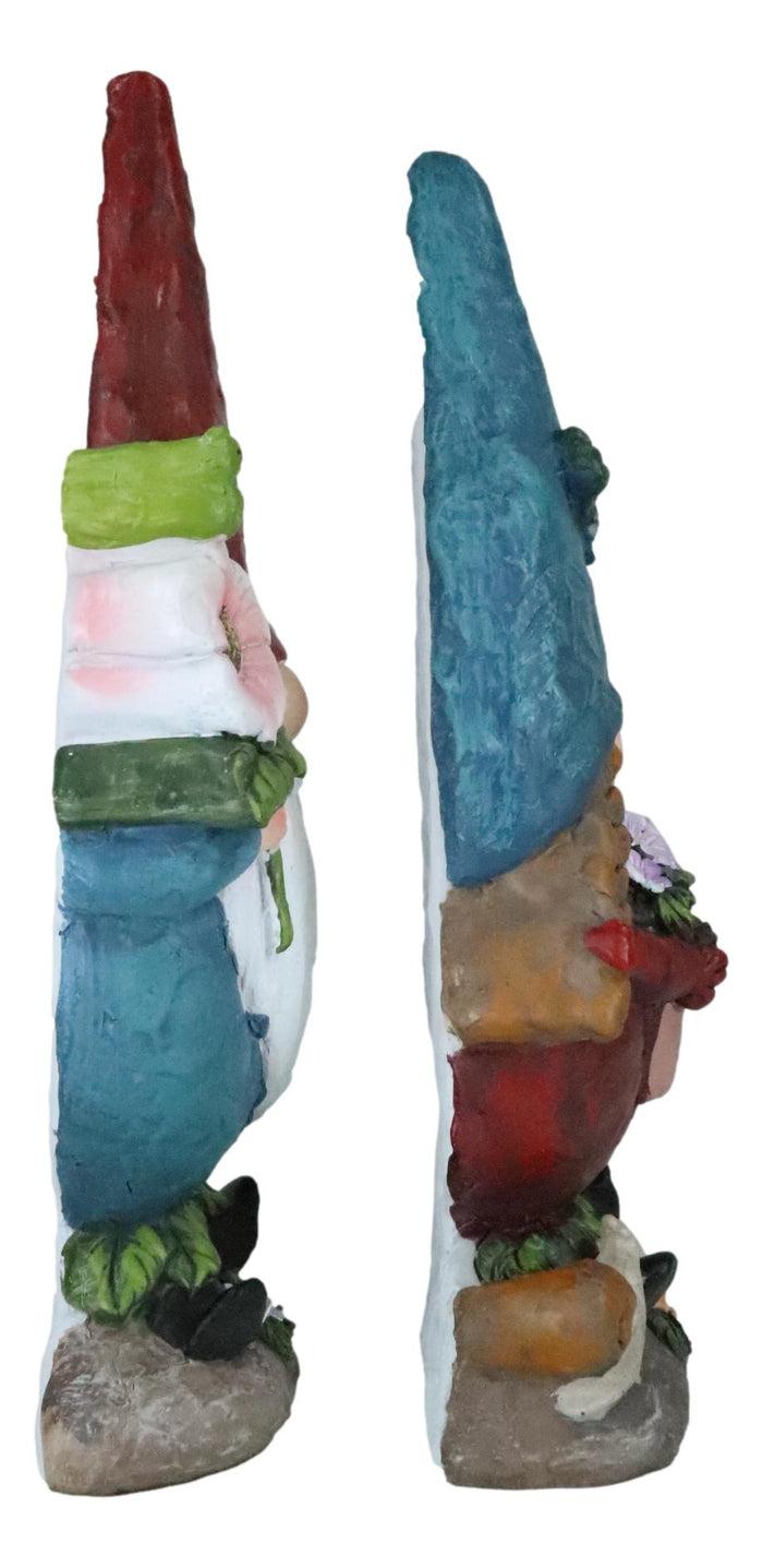 Pack Of 2 Whimsical Garden Mr And Mrs Gnome Couple Holding Flowers Figurines