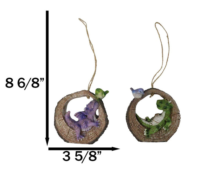 Pack Of 2 Whimsical Green Purple Dragons With Birds In Tree Ring Decor Ornaments