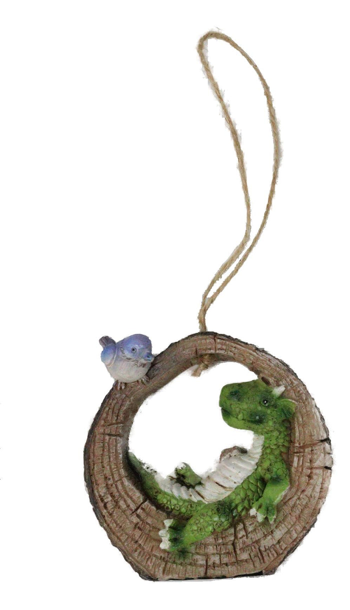 Pack Of 2 Whimsical Green Purple Dragons With Birds In Tree Ring Decor Ornaments