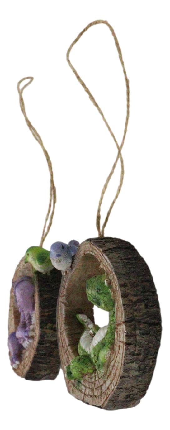 Pack Of 2 Whimsical Green Purple Dragons With Birds In Tree Ring Decor Ornaments