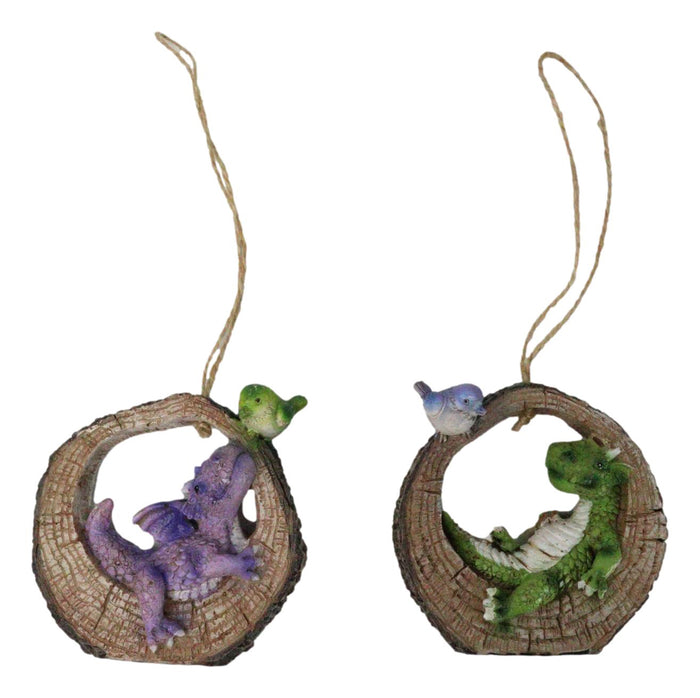 Pack of 2 Whimsical Green Purple Dragons With Birds In Tree Ring Decor Ornaments