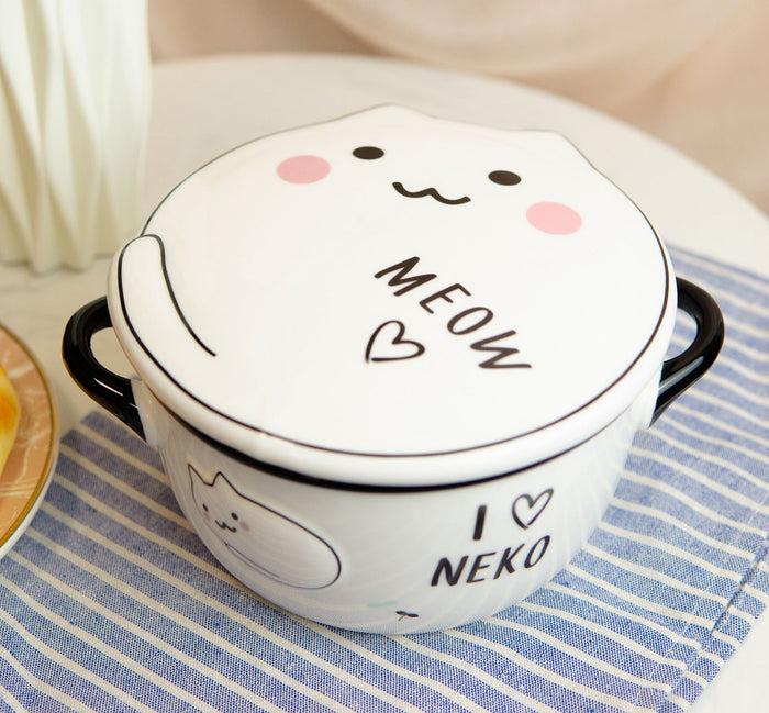 Pack Of 2 White Maneki Neko Lucky Cat Porcelain Kids Food Bowls W/ Lid 25Oz