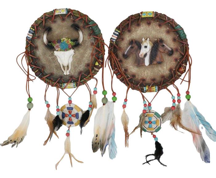 Pack Of 2 Wild Horses Floral Cow Skull Dreamcatcher Beaded Feather Wall Plaques