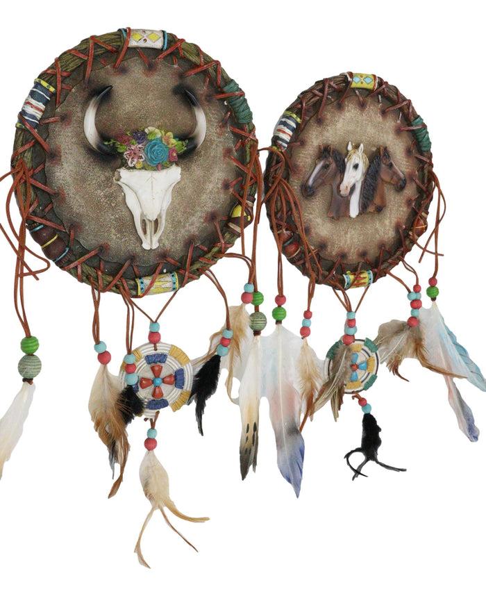 Pack Of 2 Wild Horses Floral Cow Skull Dreamcatcher Beaded Feather Wall Plaques