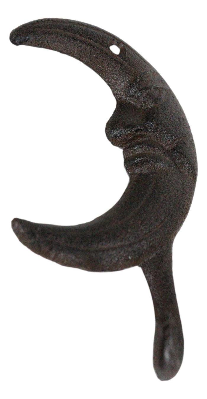 Pack Of 3 Rustic Cast Iron Celestial Half Crescent Moon With Face Wall Hooks