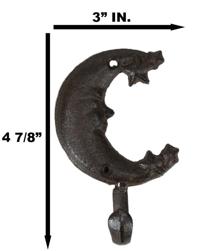 Pack Of 3 Rustic Cast Iron Celestial Half Crescent Moon And Stars Wall Hooks