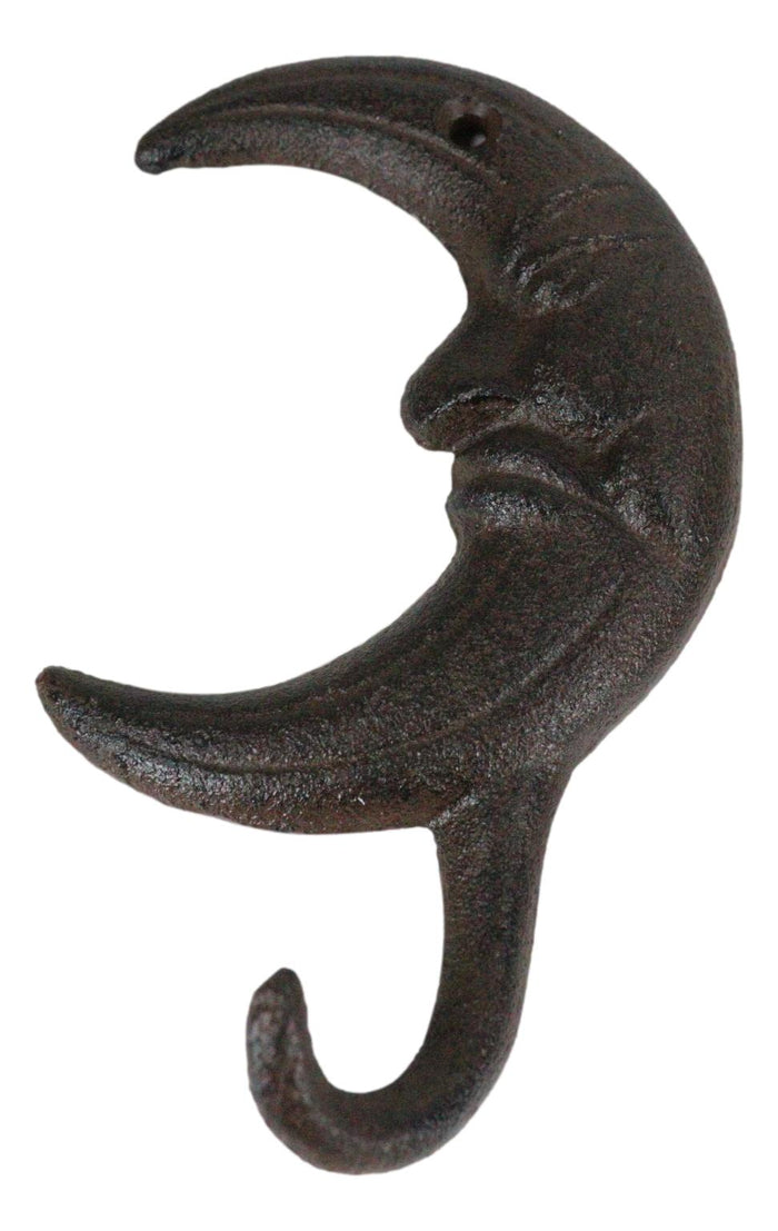 Pack Of 3 Rustic Cast Iron Celestial Half Crescent Moon With Face Wall Hooks