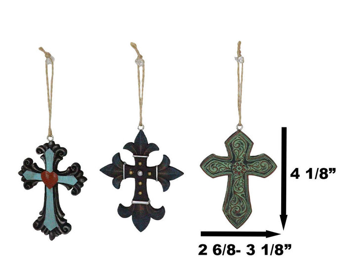 Pack Of 3 Rustic Western Fleur De Lis Scrollwork Heart Plaque Cross Ornaments