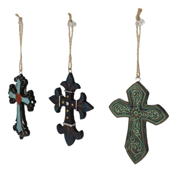 Pack Of 3 Rustic Western Fleur De Lis Scrollwork Heart Plaque Cross Ornaments