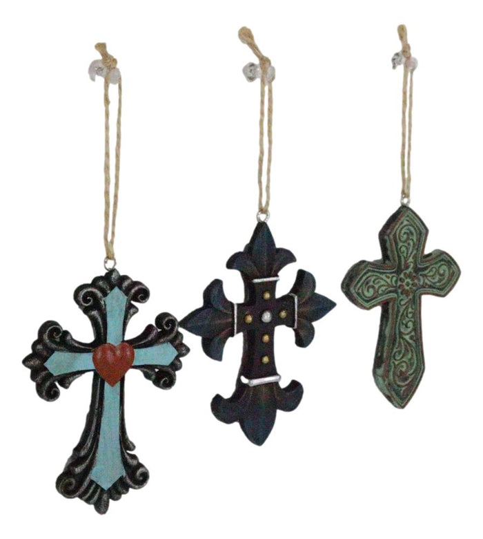 Pack Of 3 Rustic Western Fleur De Lis Scrollwork Heart Plaque Cross Ornaments