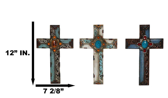 Pack Of 3 Rustic Western Tuscany Scrollwork Turquoise Amber Gems Wall Crosses