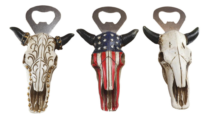 Pack Of 3 Western Bull Cow Skulls Flag Scroll And Bone Hand Beer Bottle Openers