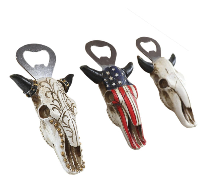Pack Of 3 Western Bull Cow Skulls Flag Scroll And Bone Hand Beer Bottle Openers