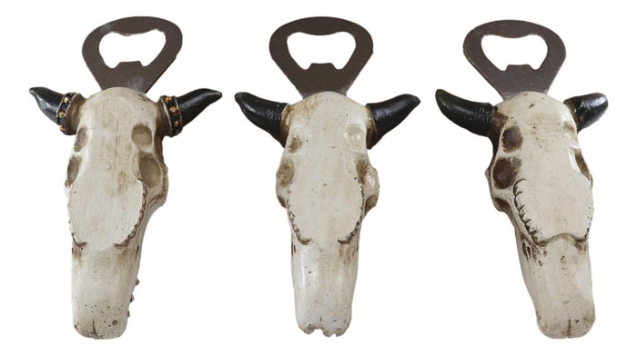 Pack Of 3 Western Bull Cow Skulls Flag Scroll And Bone Hand Beer Bottle Openers