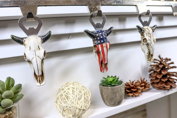 Pack Of 3 Western Bull Cow Skulls Flag Scroll And Bone Hand Beer Bottle Openers