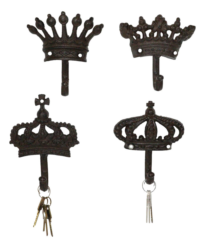 Pack Of 4 Cast Iron Medieval Royalty King and Queen Crowns Wall Coat Hooks