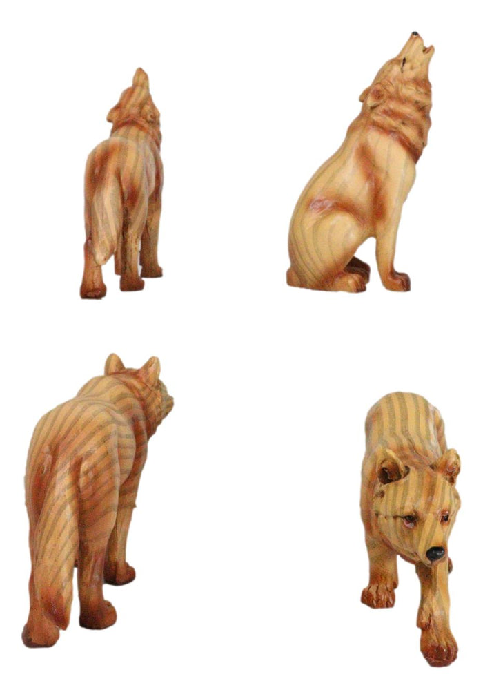 Pack Of 4 Full Moon Howling Scouting Pose Alpha Gray Wolf Faux Wood Figurines