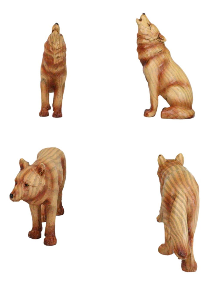 Pack Of 4 Full Moon Howling Scouting Pose Alpha Gray Wolf Faux Wood Figurines
