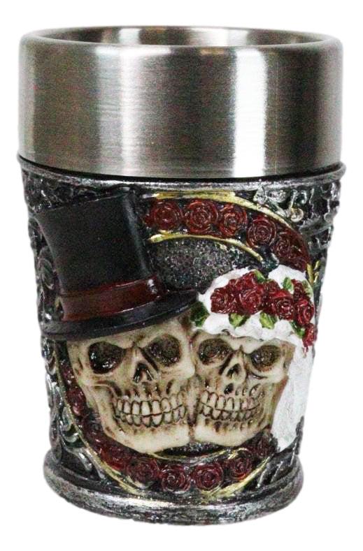Pack of 4 Gothic Love Never Dies Skeleton Bride And Groom Shooter Shot Glasses