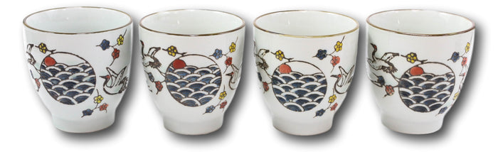 Pack Of 4 Japanese Sakura Cherry Blossom White Crane Ceramic Tea Cups Teacups