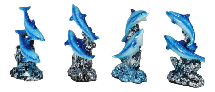 Pack Of 4 Marine Sea Blue Dolphins Swimming By Waves And Coral Reef Figurines