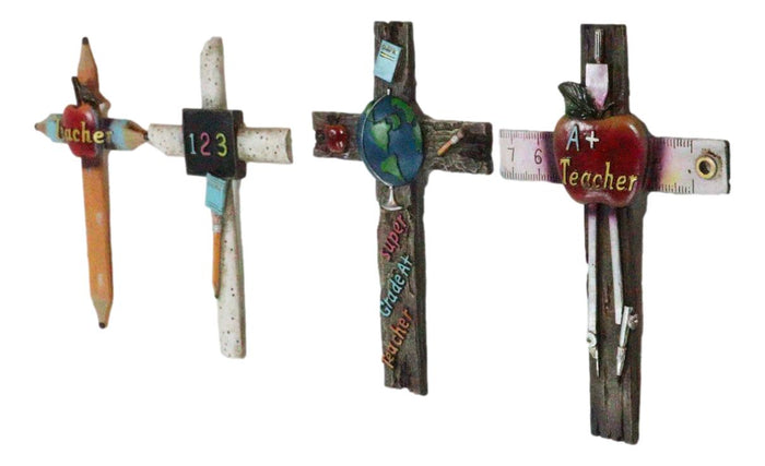 Pack Of 4 Novelty Educational Teacher Apple Math 123 Globe Pencils Wall Crosses