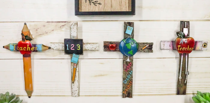 Pack Of 4 Novelty Educational Teacher Apple Math 123 Globe Pencils Wall Crosses
