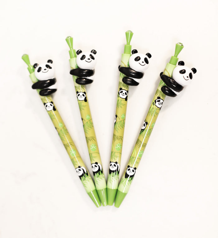 Pack Of 4 Panda Bear Cub Climbing On Bamboo Green Ballpoint Ball Black Ink Pens