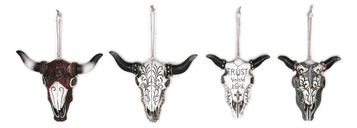 Pack Of 4 Rustic Western Turquoise Cross Tooled Leather Cow Skull Tree Ornaments