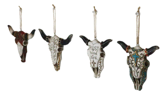 Pack Of 4 Rustic Western Turquoise Cross Tooled Leather Cow Skull Tree Ornaments