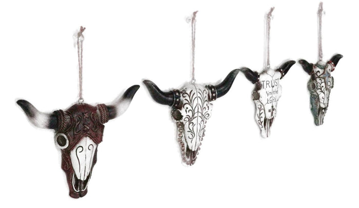 Pack Of 4 Rustic Western Turquoise Cross Tooled Leather Cow Skull Tree Ornaments