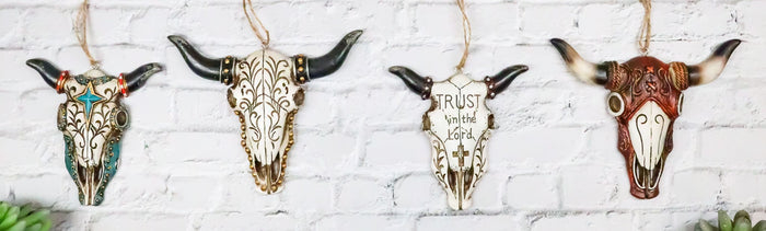 Pack of 4 Rustic Western Turquoise Cross Tooled Leather Cow Skull Tree Ornaments