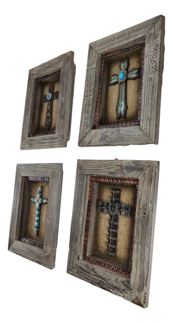 Pack Of 4 Rustic Western Turquoise Gems Horseshoe Cross Wood Framed Wall Decors