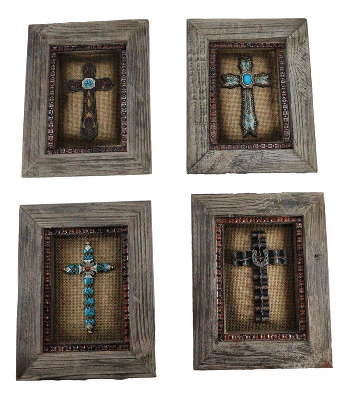 Pack Of 4 Rustic Western Turquoise Gems Horseshoe Cross Wood Framed Wall Decors