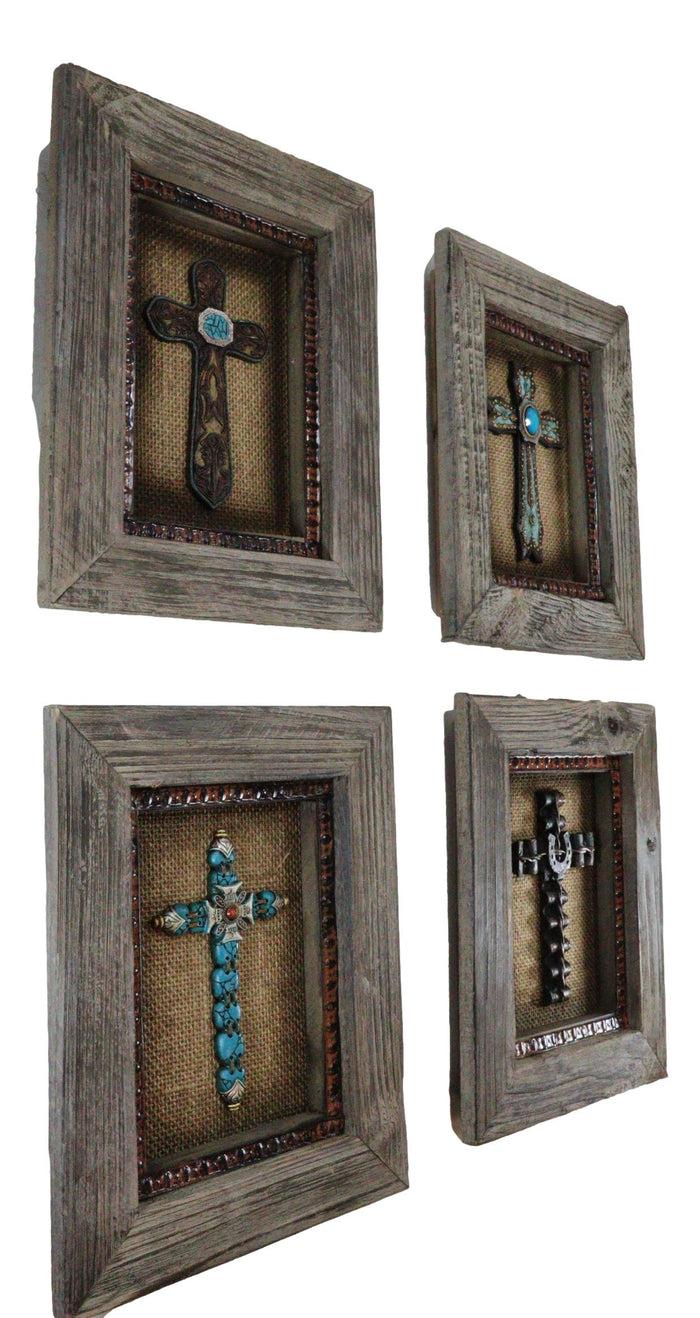 Pack Of 4 Rustic Western Turquoise Gems Horseshoe Cross Wood Framed Wall Decors