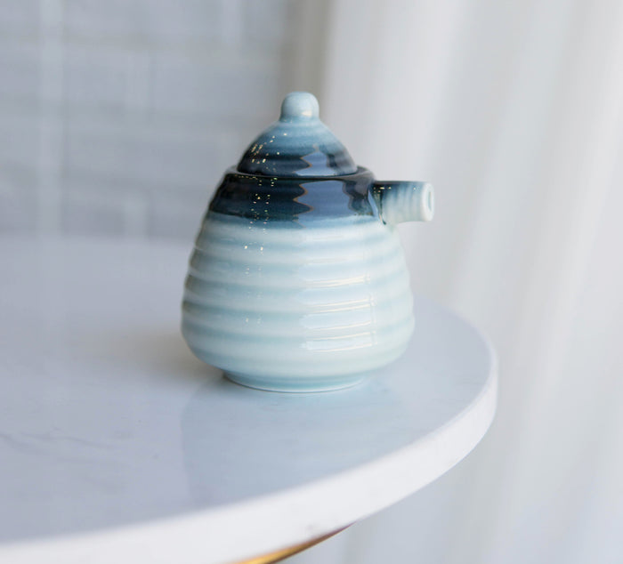 Pack Of 4 Zen Blue Ceramic Soy Ponzu Sauce Or Oil Dispensers Holder With Lid