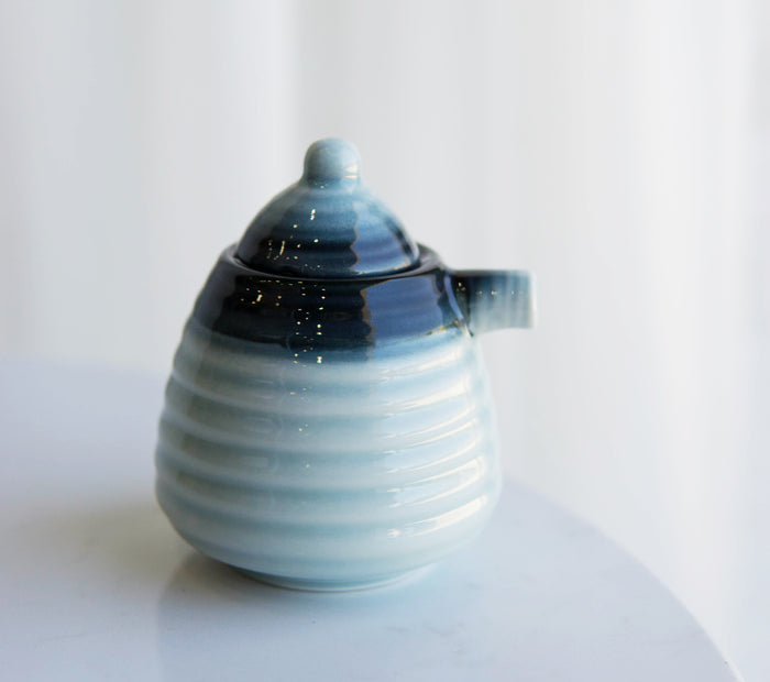 Pack Of 4 Zen Blue Ceramic Soy Ponzu Sauce Or Oil Dispensers Holder With Lid