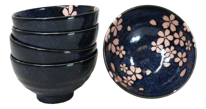 Pack Of 5 Blue Japanese Hasui Sakura Cherry Blossom Ceramic Large Rice Bowls