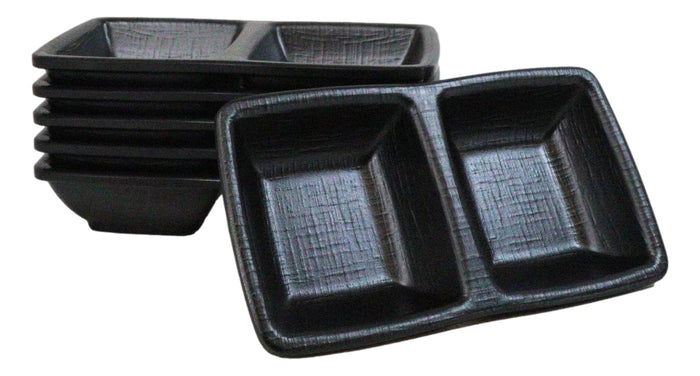 Pack Of 6 Black Silk Melamine 2 Partition Condiment Sauce Dipping Bowl or Dishes